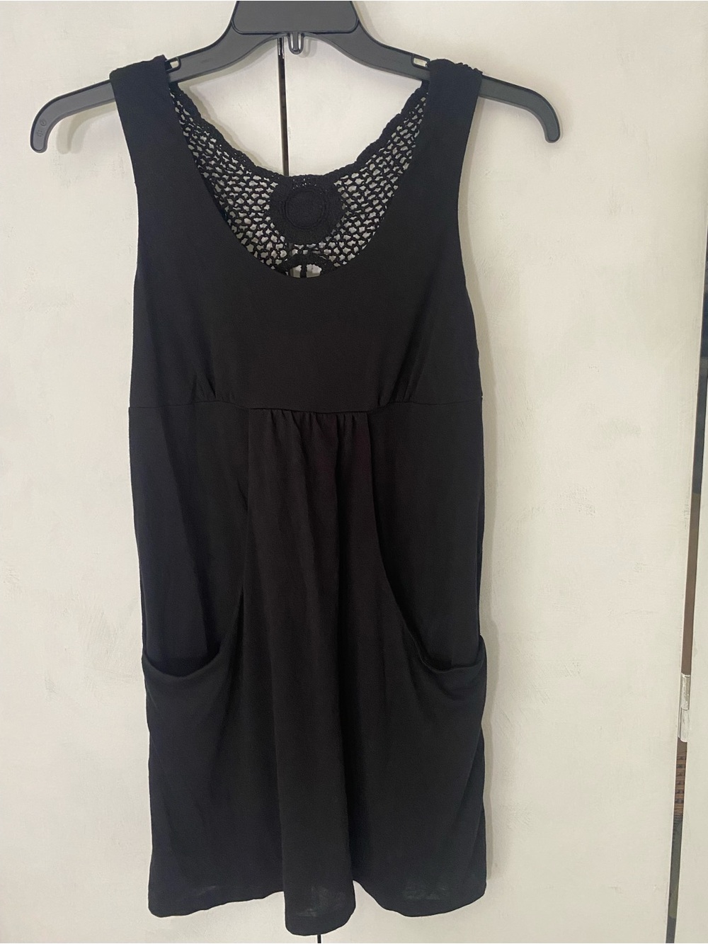 Black Knit Tank Dress Beach Cover Up with Crochet Back Small